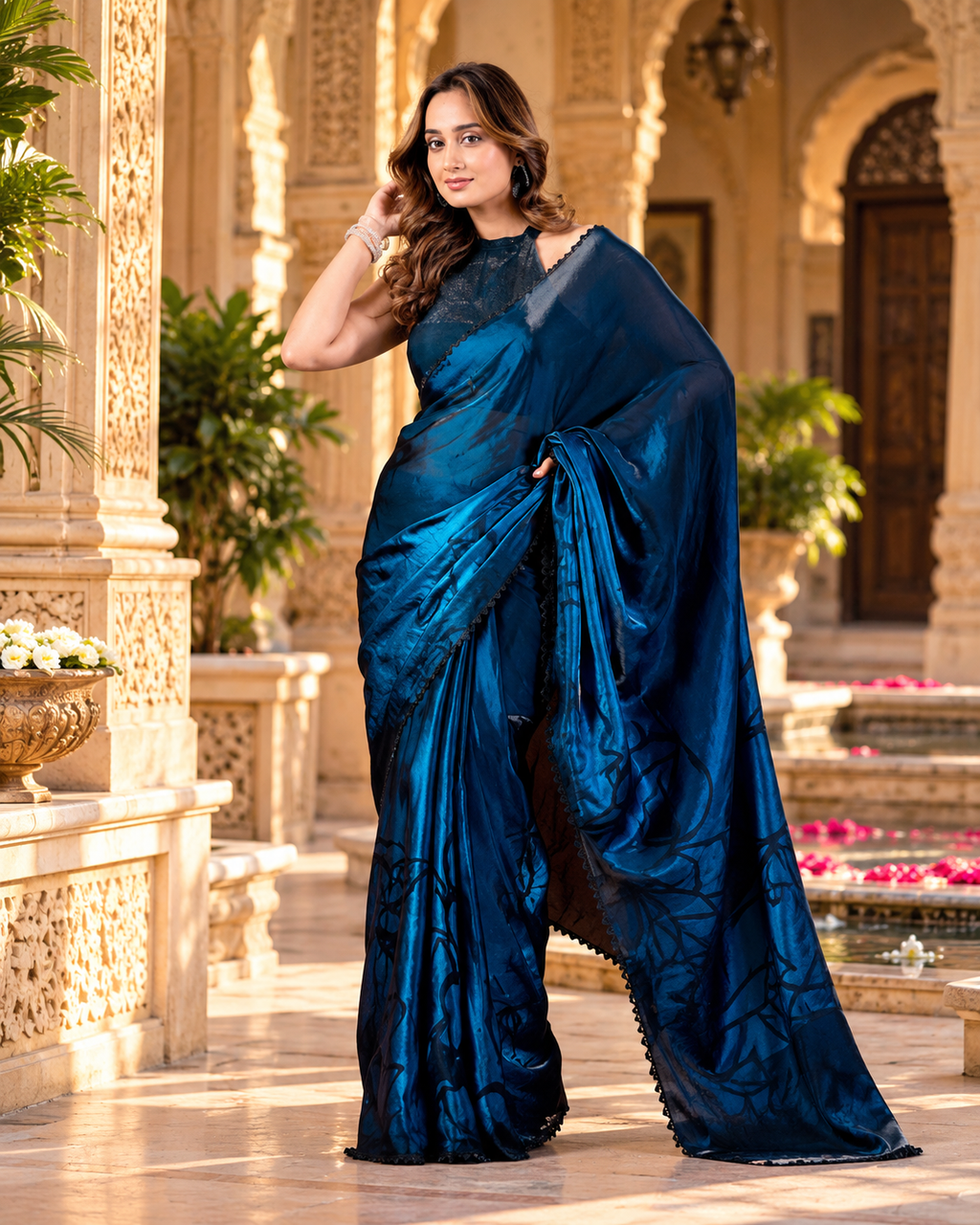 Soft Space Silk Zarkhan Border Work Saree With Unstitched Blouse(Blue)