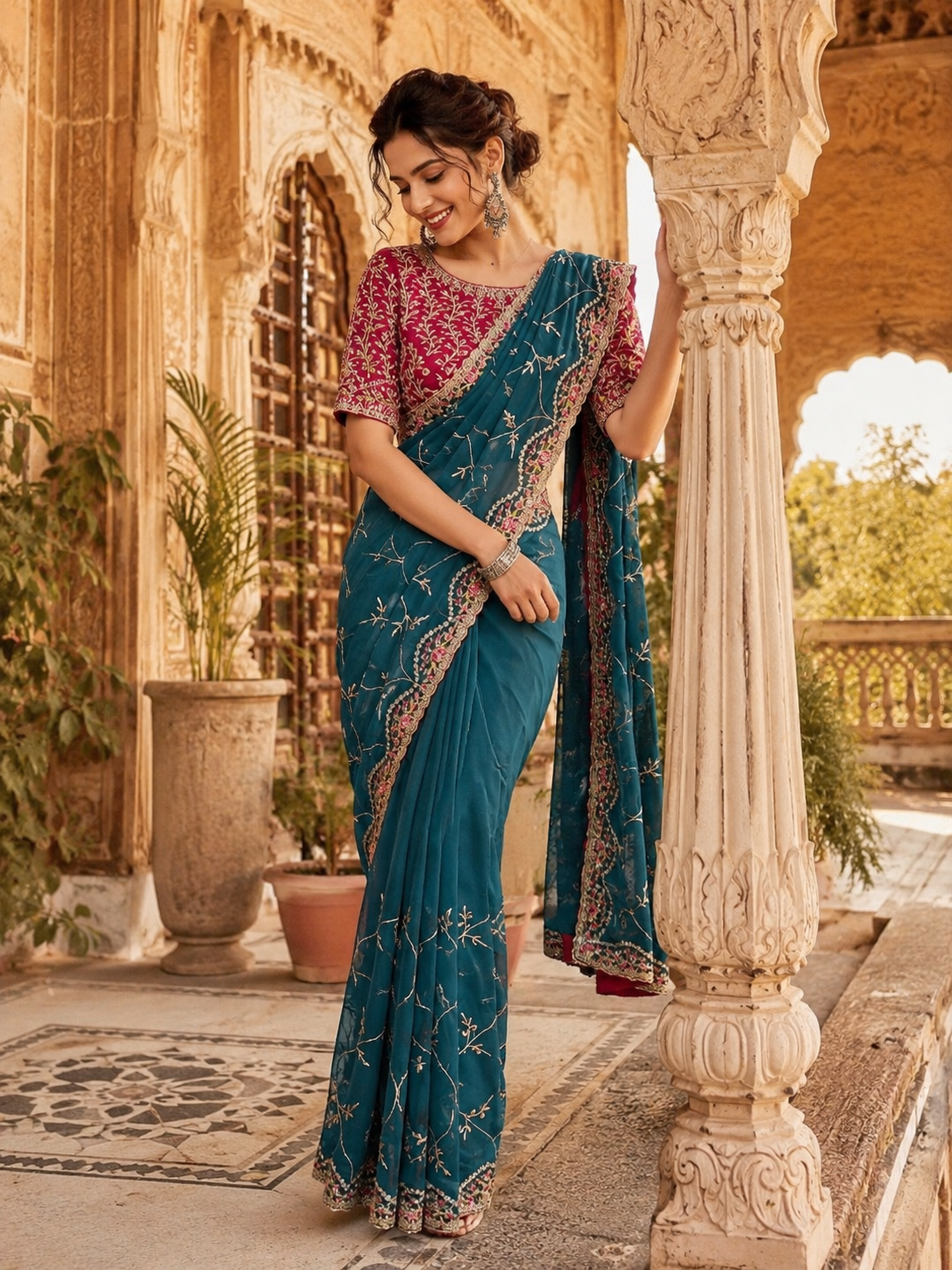 Premium Georgette Embroidery Thread Work Saree With Unstitched Blouse(Blue)