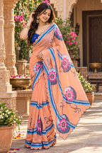 Georgette Digital Print Saree With Unstitched Blouse(Orange)