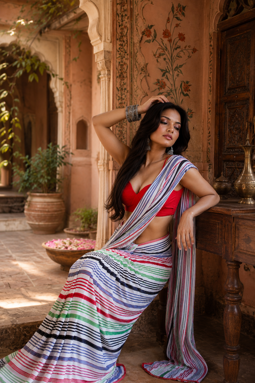 Georgette Printed Ready To Wear Sarees With Unstitched Blouse(Mulled Wine)