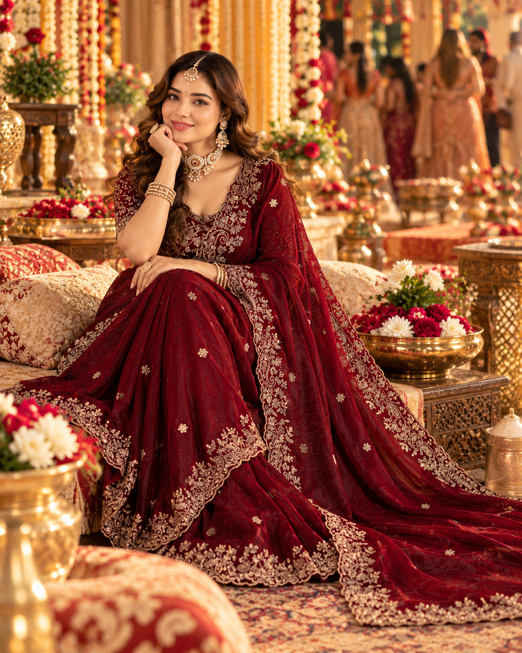 Pure Silk Embroidery Work Saree With Unstitched Blouse(Cherry)