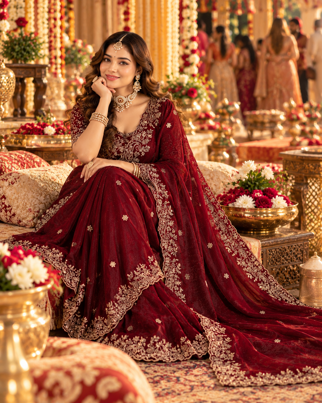 Pure Silk Embroidery Work Saree With Unstitched Blouse(Cherry)