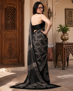 Satin Silk Printed Saree With Unstitched Blouse(Black)