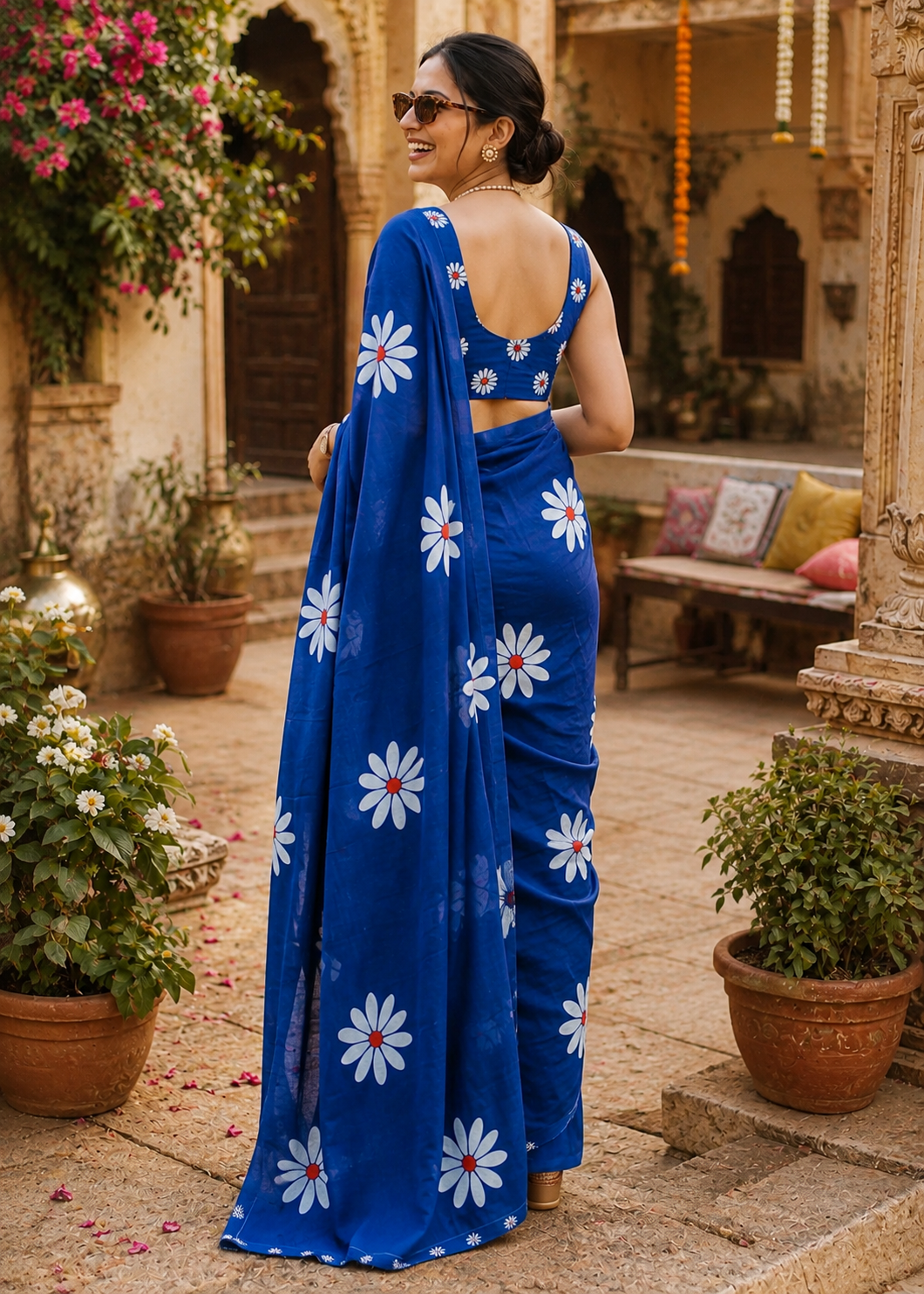Mulmul Cotton Floral Printed Saree With Unstitched Blouse(Blue)