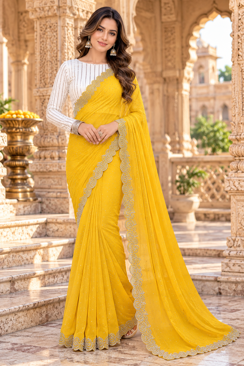 Georgette Sequin Work Saree With White Unstitched Blouse(Yellow)