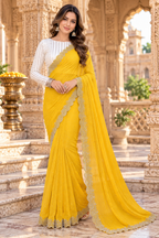 Georgette Sequin Work Saree With White Unstitched Blouse(Yellow)