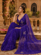 Georgette Hand Work Border Cut Saree With Unstitched Blouse(Violet)