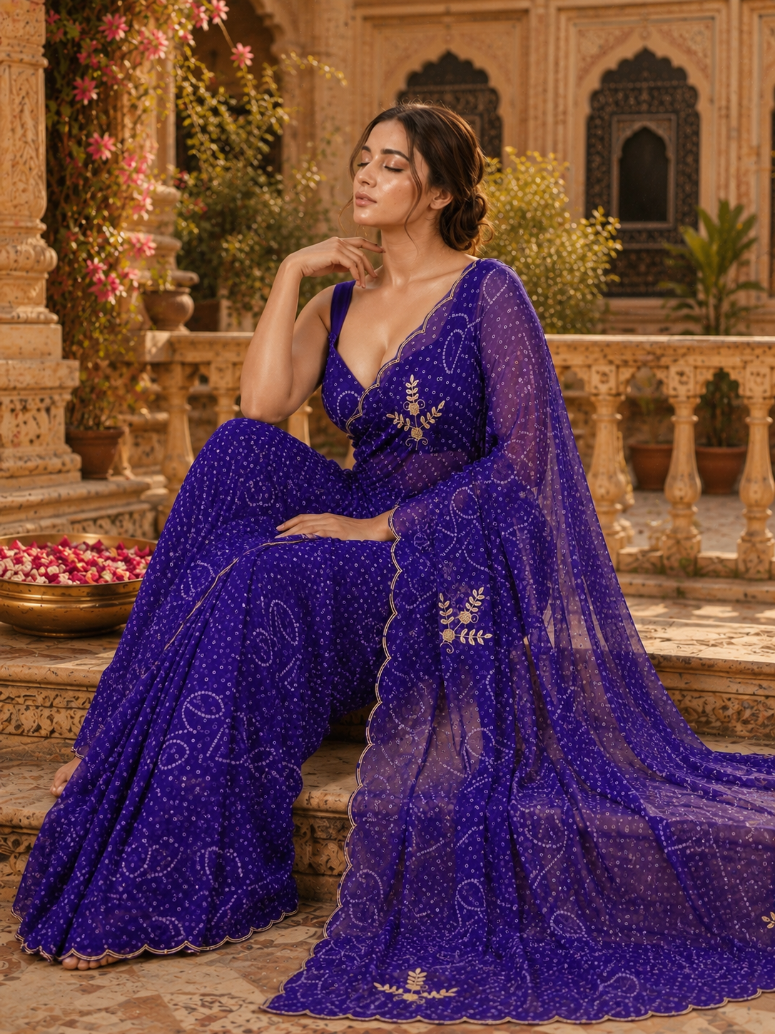 Georgette Hand Work Border Cut Saree With Unstitched Blouse(Violet)
