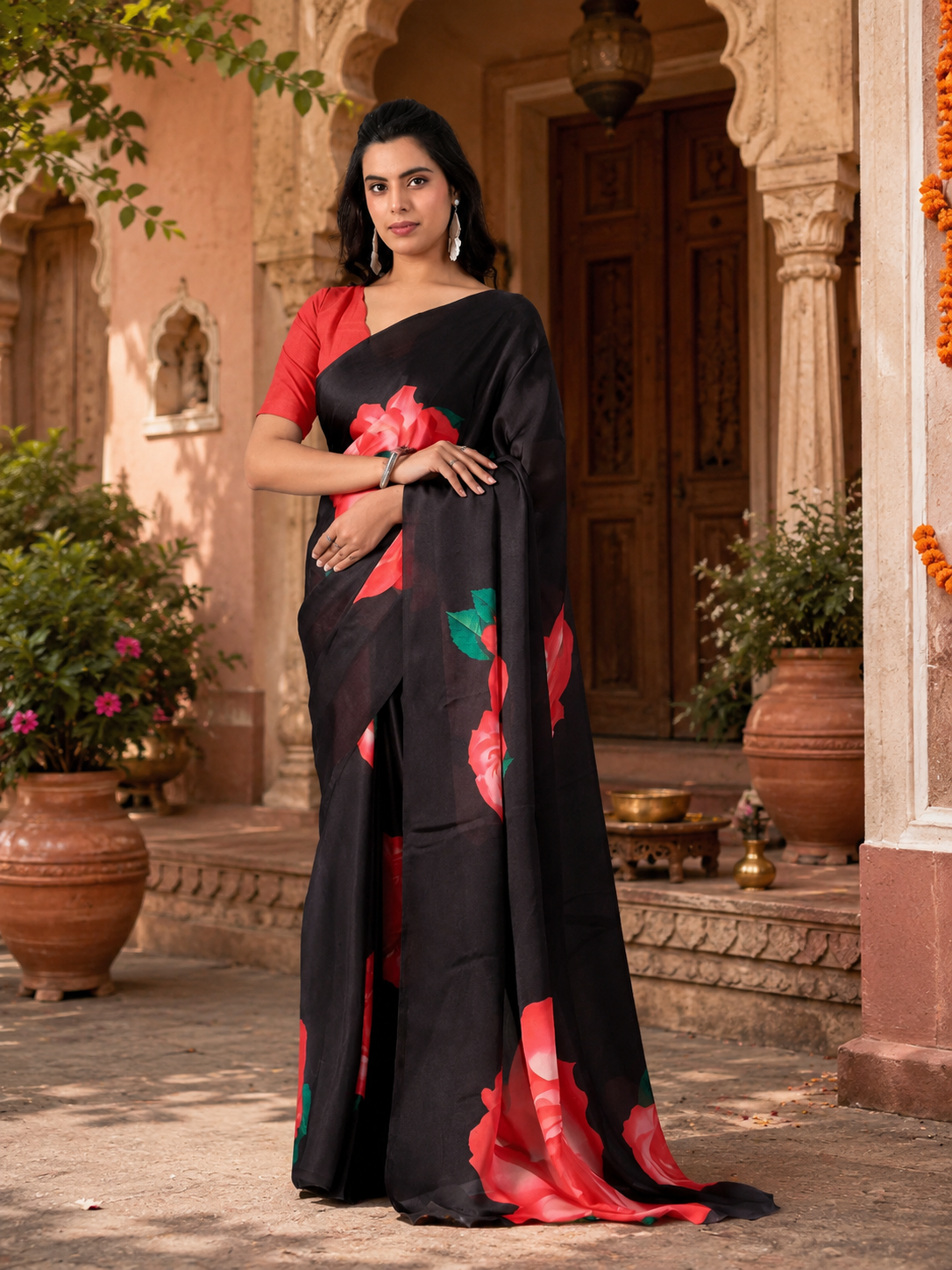 Georgette Satin Floral Printed Saree With Unstitched Blouse(Black)