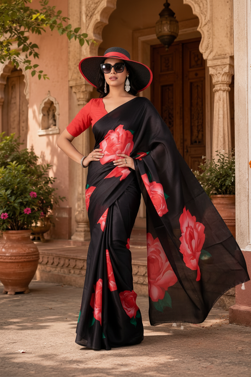 Georgette Satin Floral Printed Saree With Unstitched Blouse(Black)