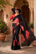 Georgette Satin Floral Printed Saree With Unstitched Blouse(Black)