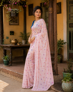Soft Linen Digital Print Saree With Unstitched Blouse(Pink)