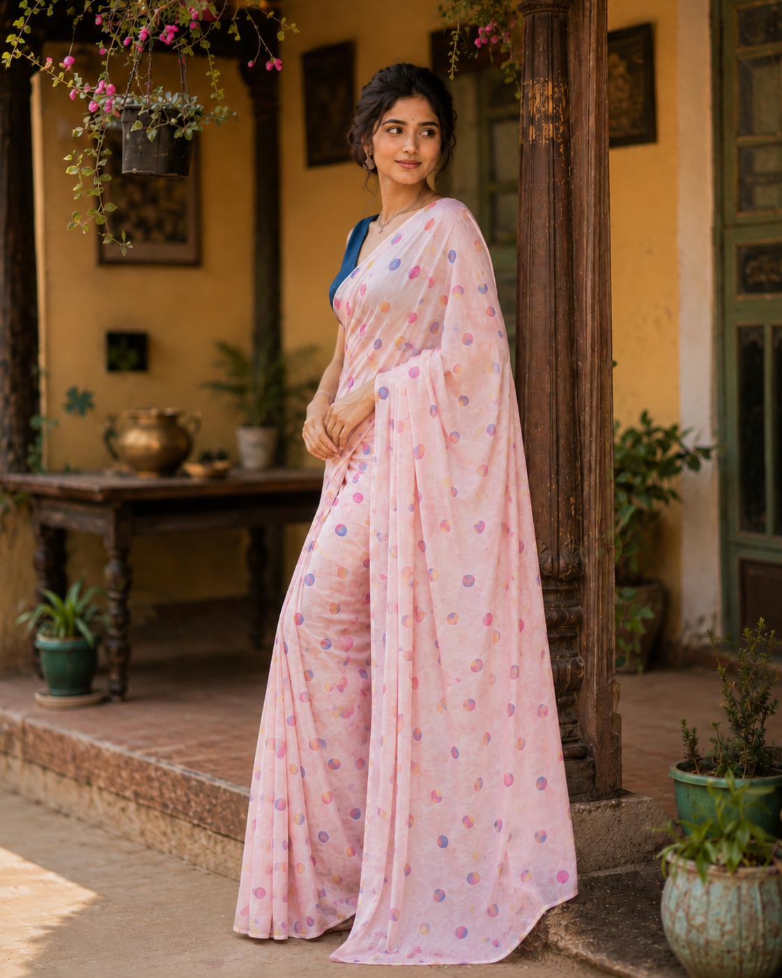 Soft Linen Digital Print Saree With Unstitched Blouse(Pink)
