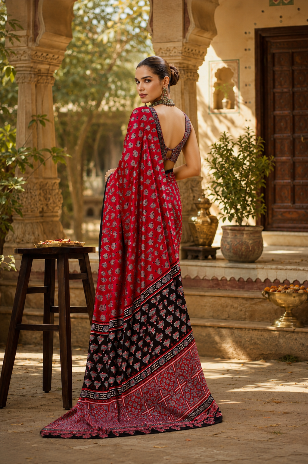 Satin Ajrakh Printed Saree With Unstitched Blouse(Red)