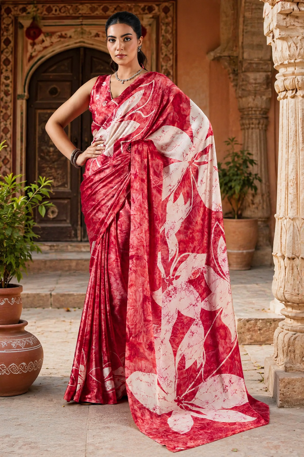 Satin Silk Ajrakh Printed Saree With Unstitched Blouse(Red)