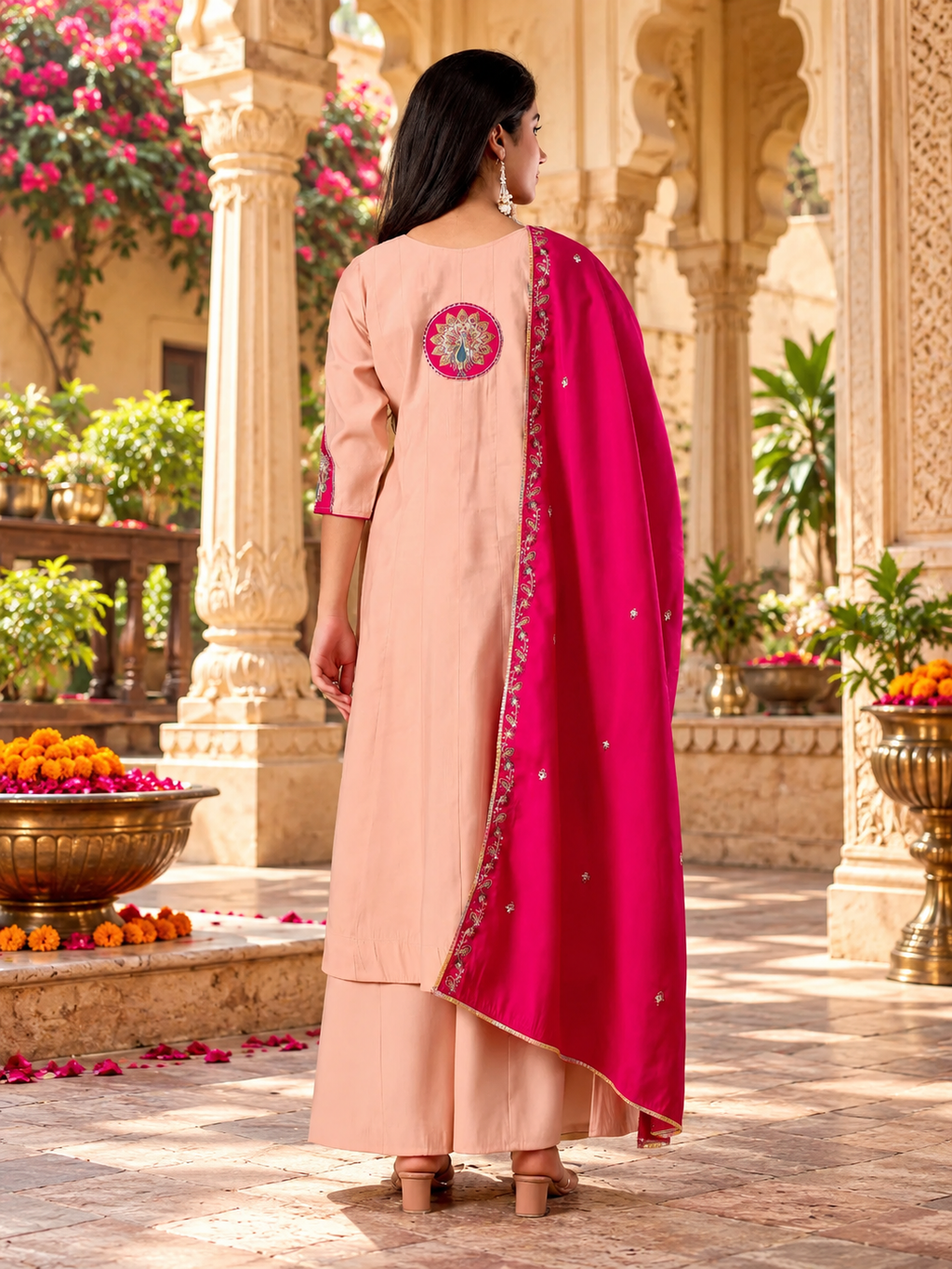 Roman Silk Anarkali Kurti Pant Set With Dupatta(Peach)