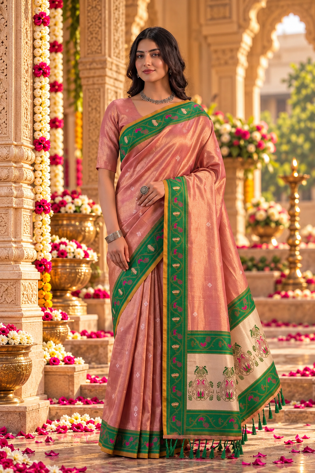 Premium Tissue Silk Saree With Unstitched Blouse(Pink)