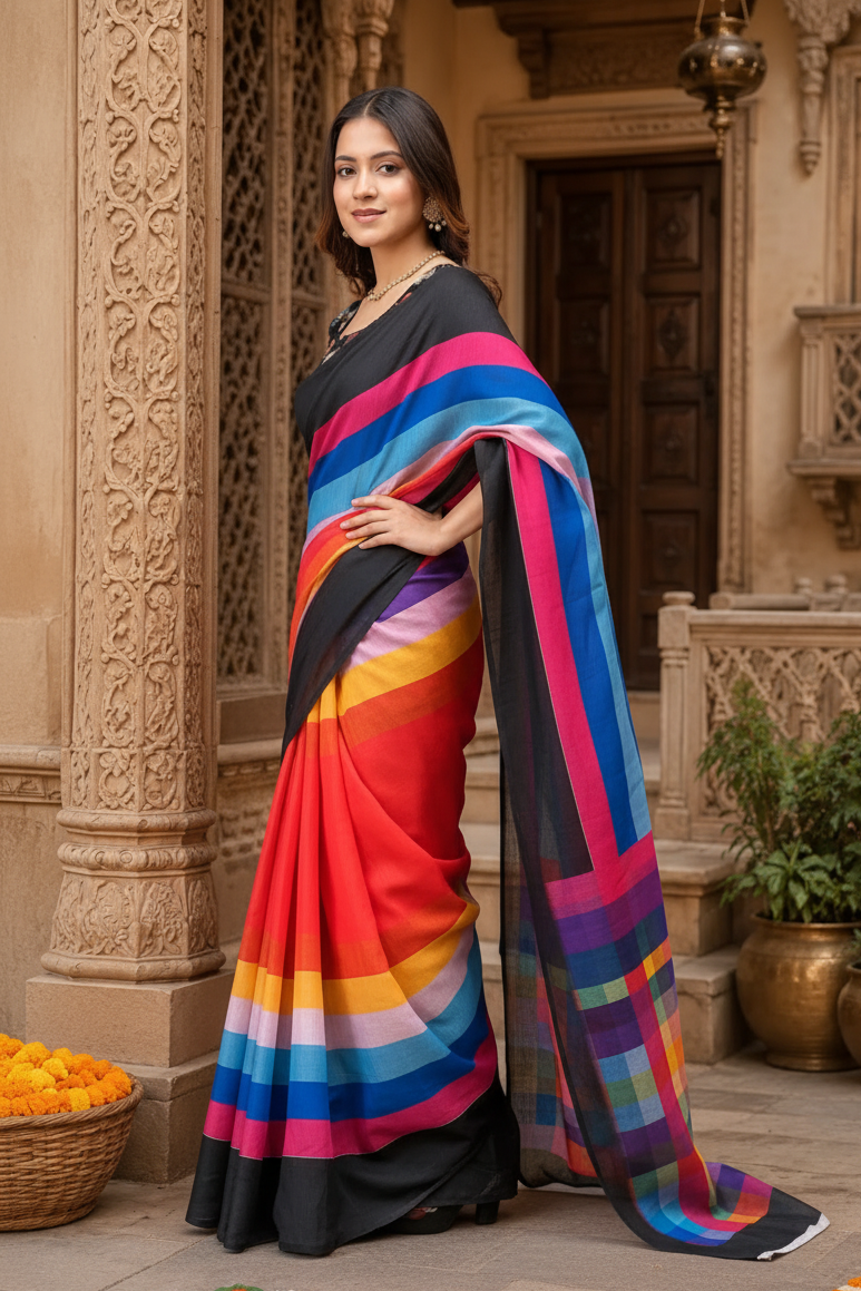 Linen Printed Saree With Unstitched Blouse(Multicolor)