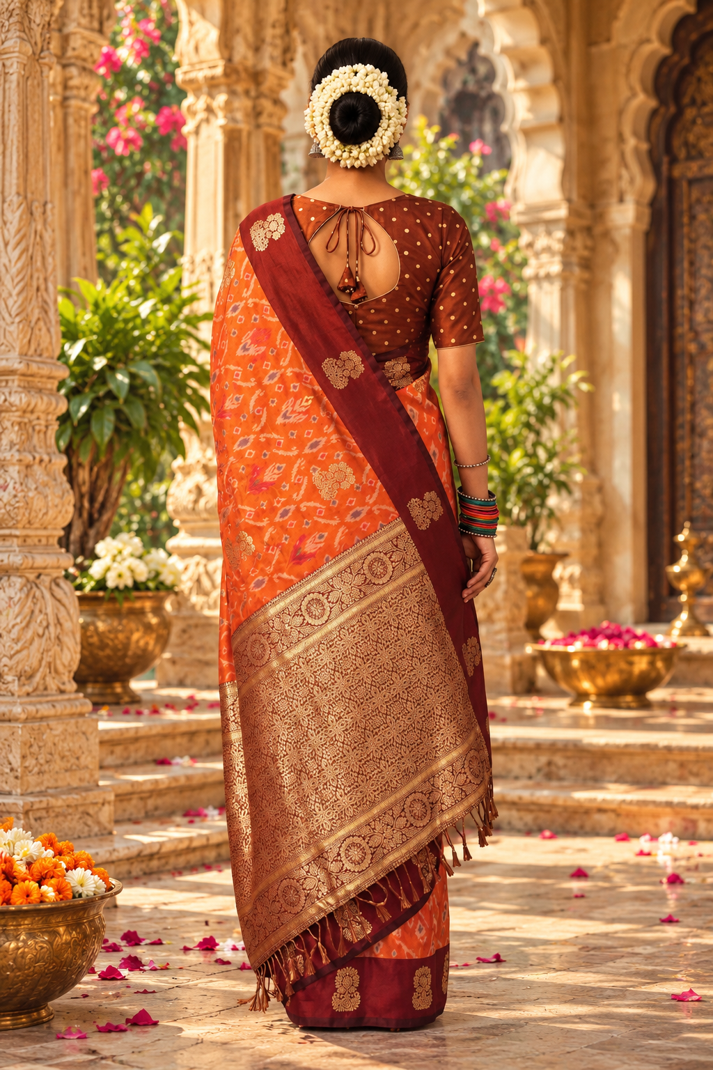 Pure Silk Zari Border Ikat Saree With Unstitched Blouse(Carrot Orange)