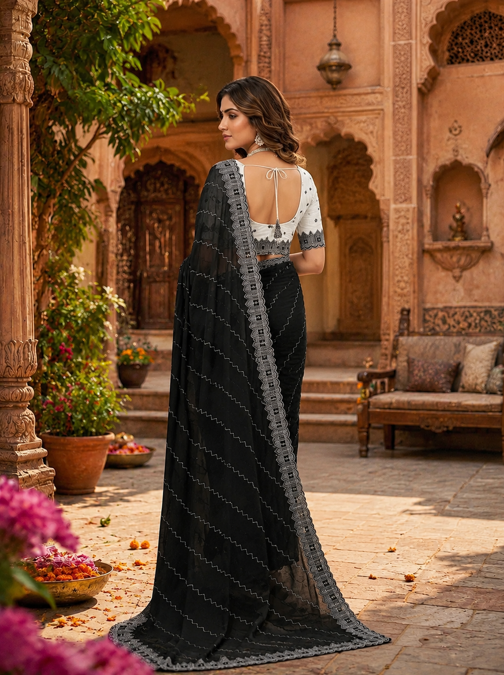 Organza Silk Saree With Unstitched Blouse(Black)