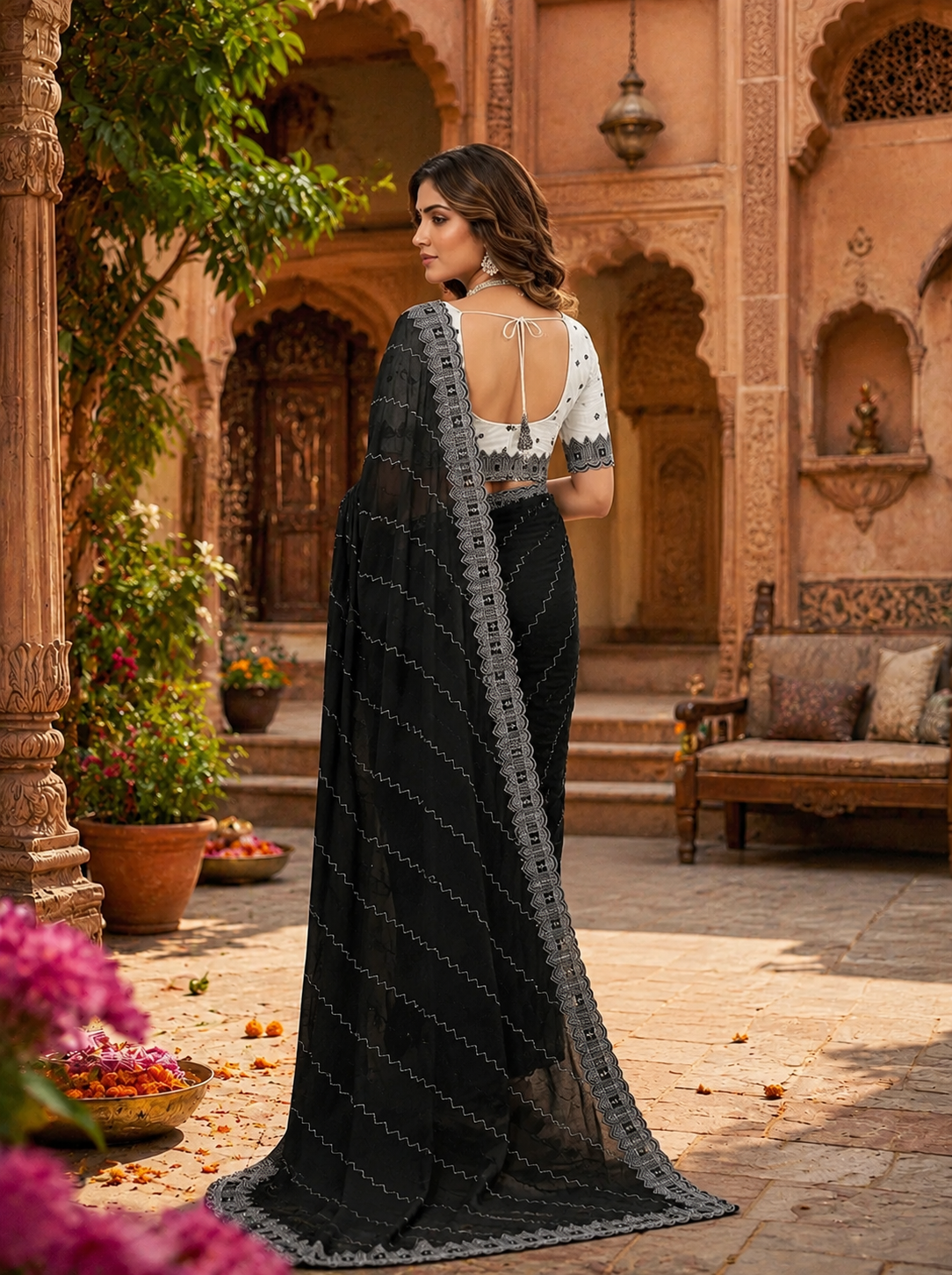 Organza Silk Saree With Unstitched Blouse(Black)