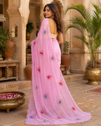 Premium Georgette Butterfly Patch Work Saree With Unstitched Blouse(Pink)