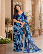 Georgette Floral Printed Saree With Unstitched Blouse(Blue)