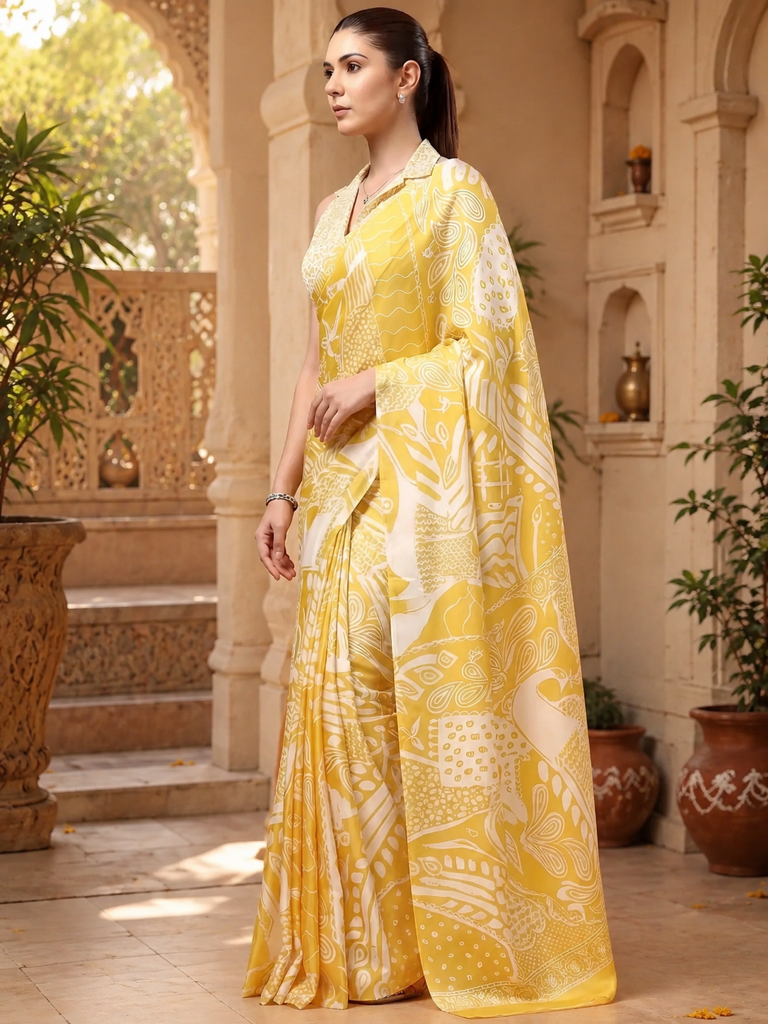 Satin Silk Party Wear Saree With Unstitched Blouse(Yellow)