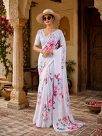 Soft Georgette Satin Printed Saree With Unstitched Blouse(White)
