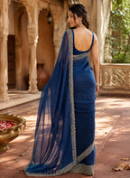Soft Space Silk Diamond Lace Border Saree With Unstitched Blouse(Navy Blue)