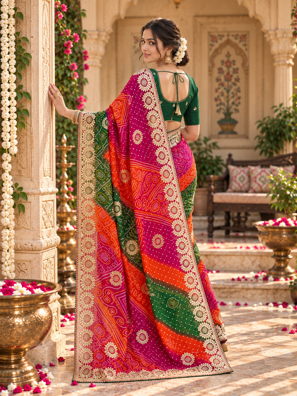 Georgette Bandhani Bhej Print Saree With Unstitched Blouse(Multicolor)
