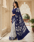 Satin Silk Printed Saree With Unstitched Blouse(Blue)