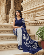 Satin Silk Printed Saree With Unstitched Blouse(Blue)