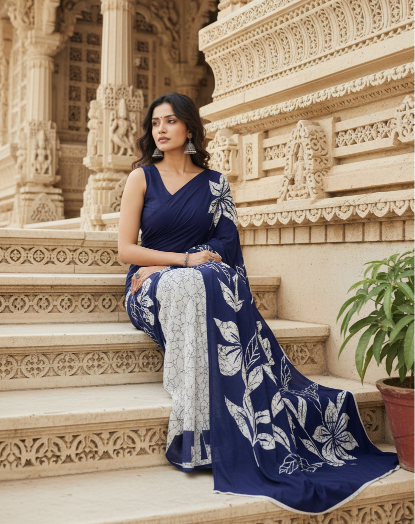 Satin Silk Printed Saree With Unstitched Blouse(Blue)