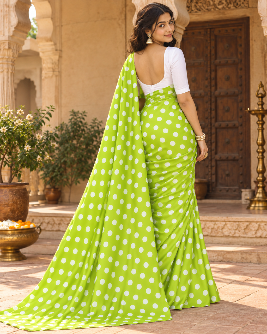 Satin Silk Printed Saree With Unstitched Blouse(Green)