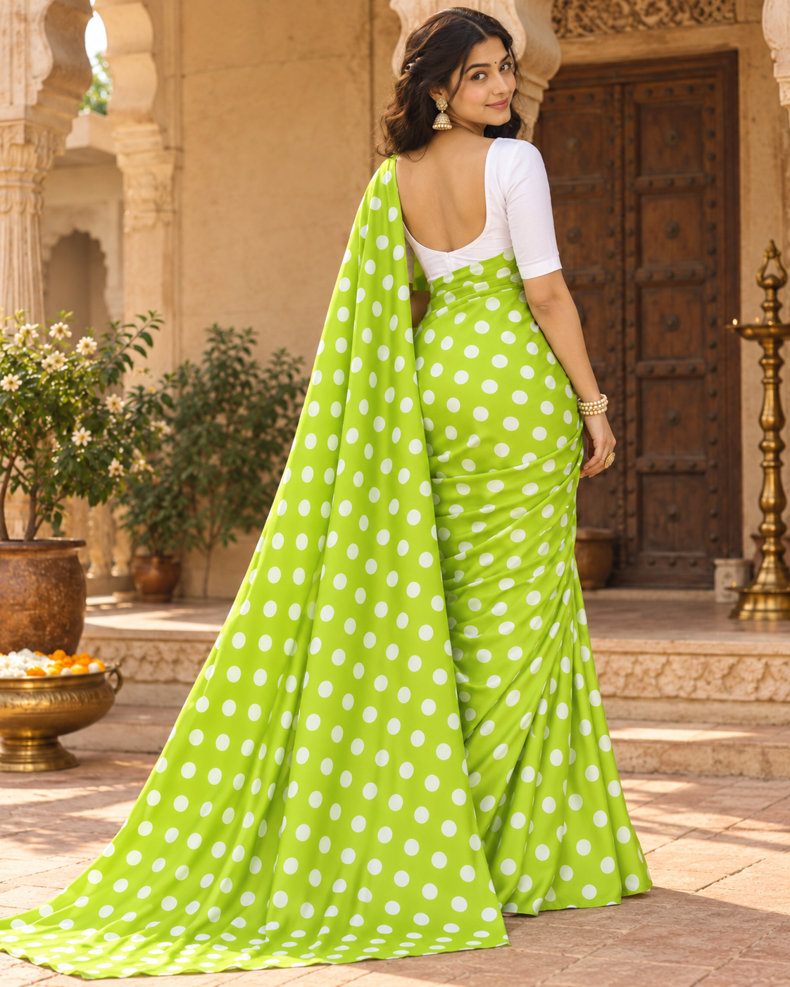 Satin Silk Printed Saree With Unstitched Blouse(Green)
