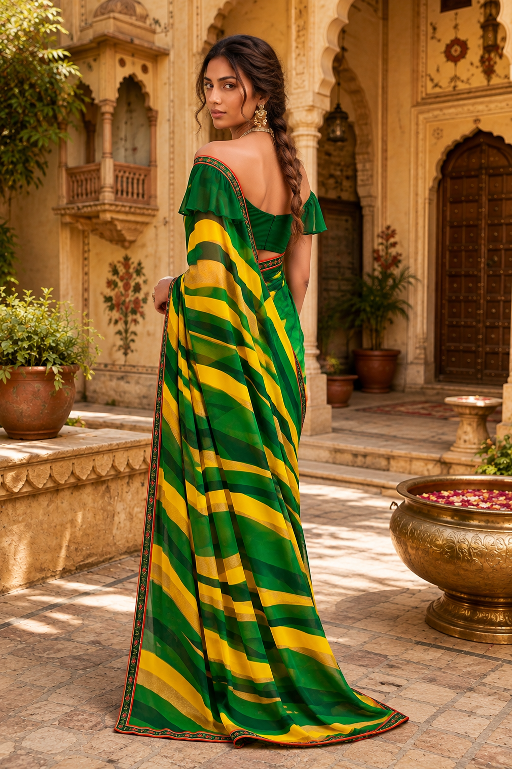 Georgette Digital Print Saree With Unstitched Blouse(Green)