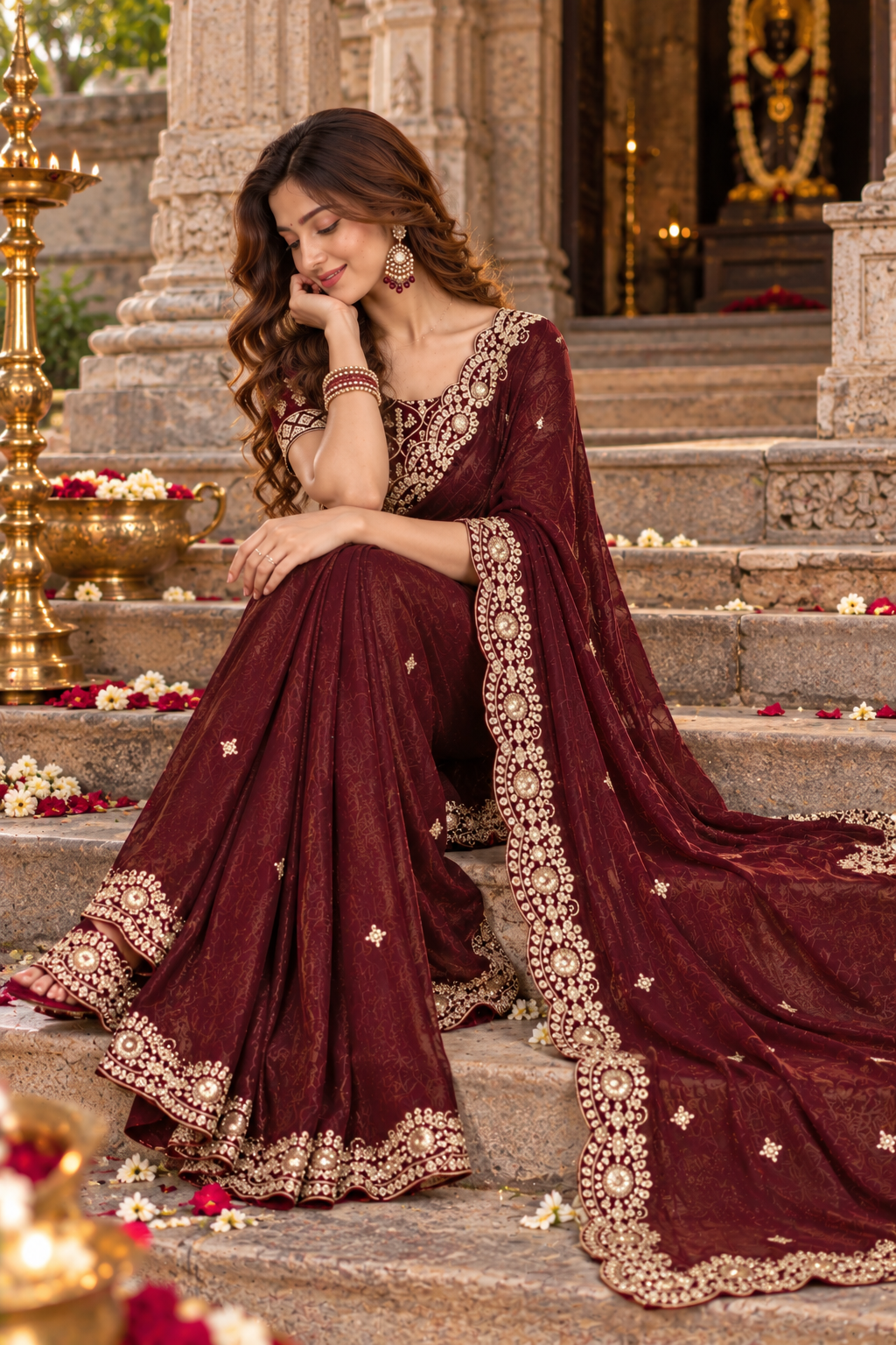 Satin Silk Embroidery Work Saree with Unstitched Blouse(Dark Wine)