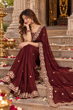 Satin Silk Embroidery Work Saree with Unstitched Blouse(Dark Wine)