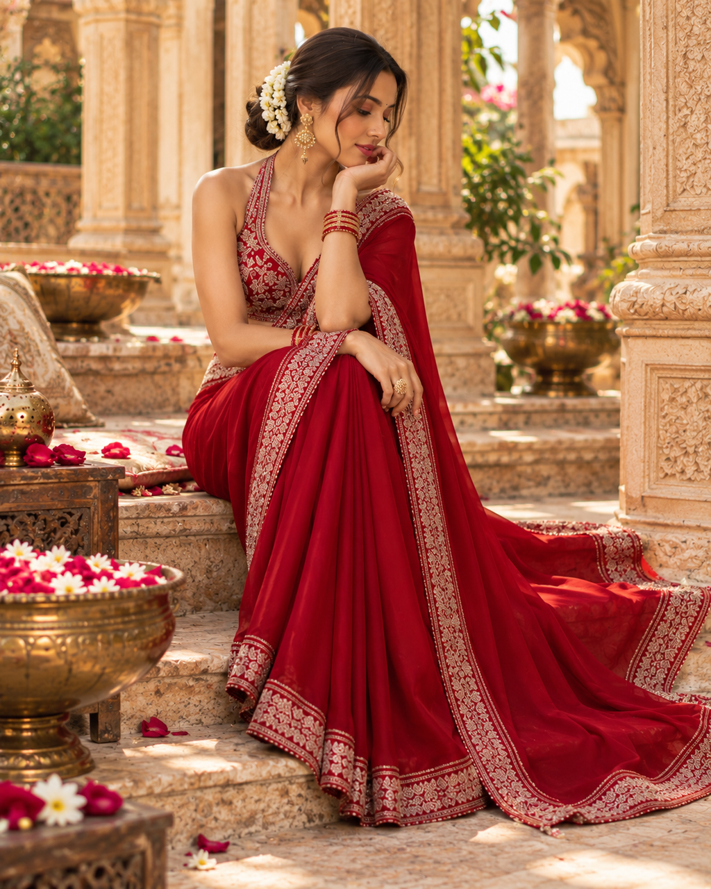 Rangoli Silk Embroidery Work Saree With Unstitched Blouse(Red)