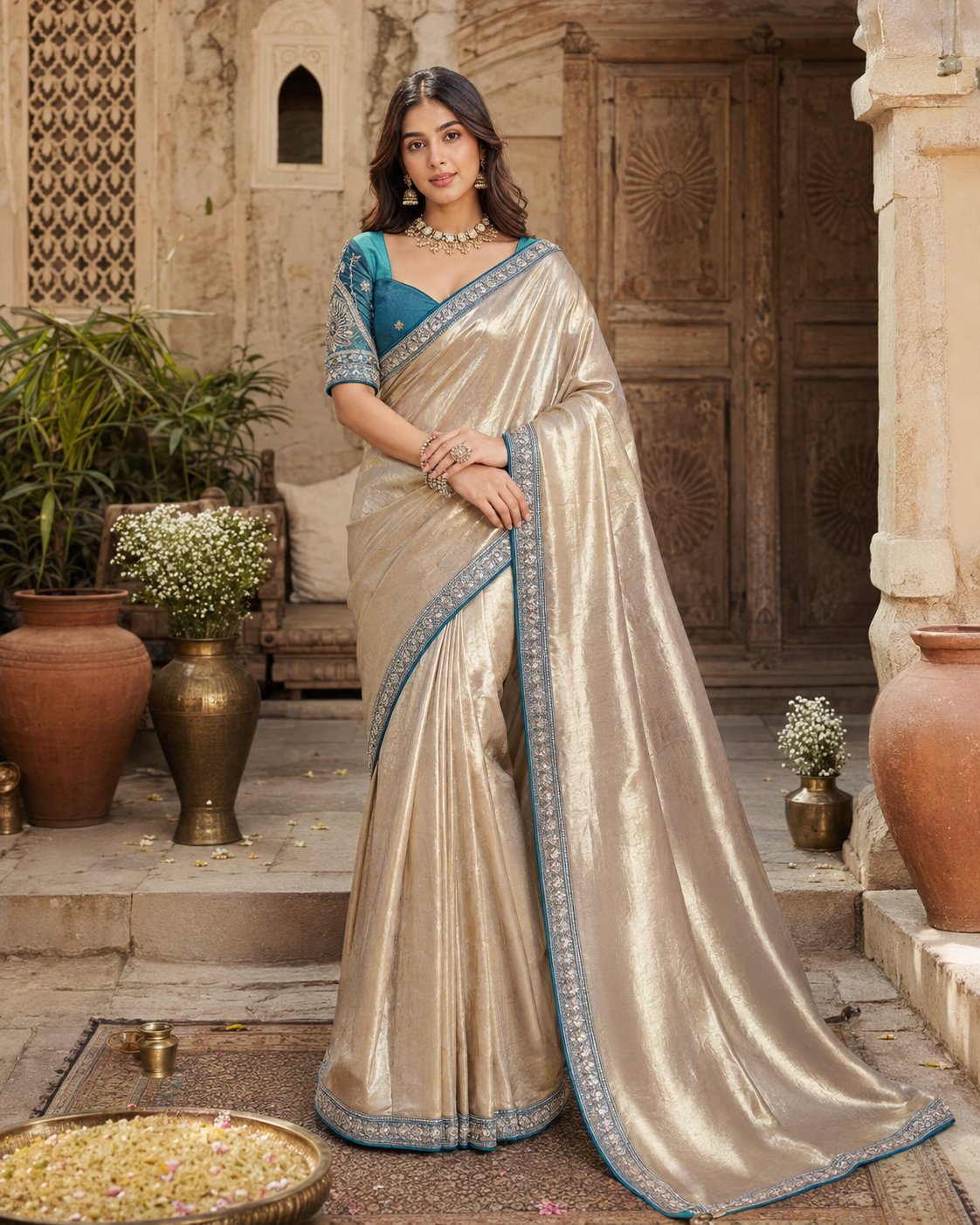 Soft Tissue Silk Sequins Work Saree With Unstitched Blouse(Silver)