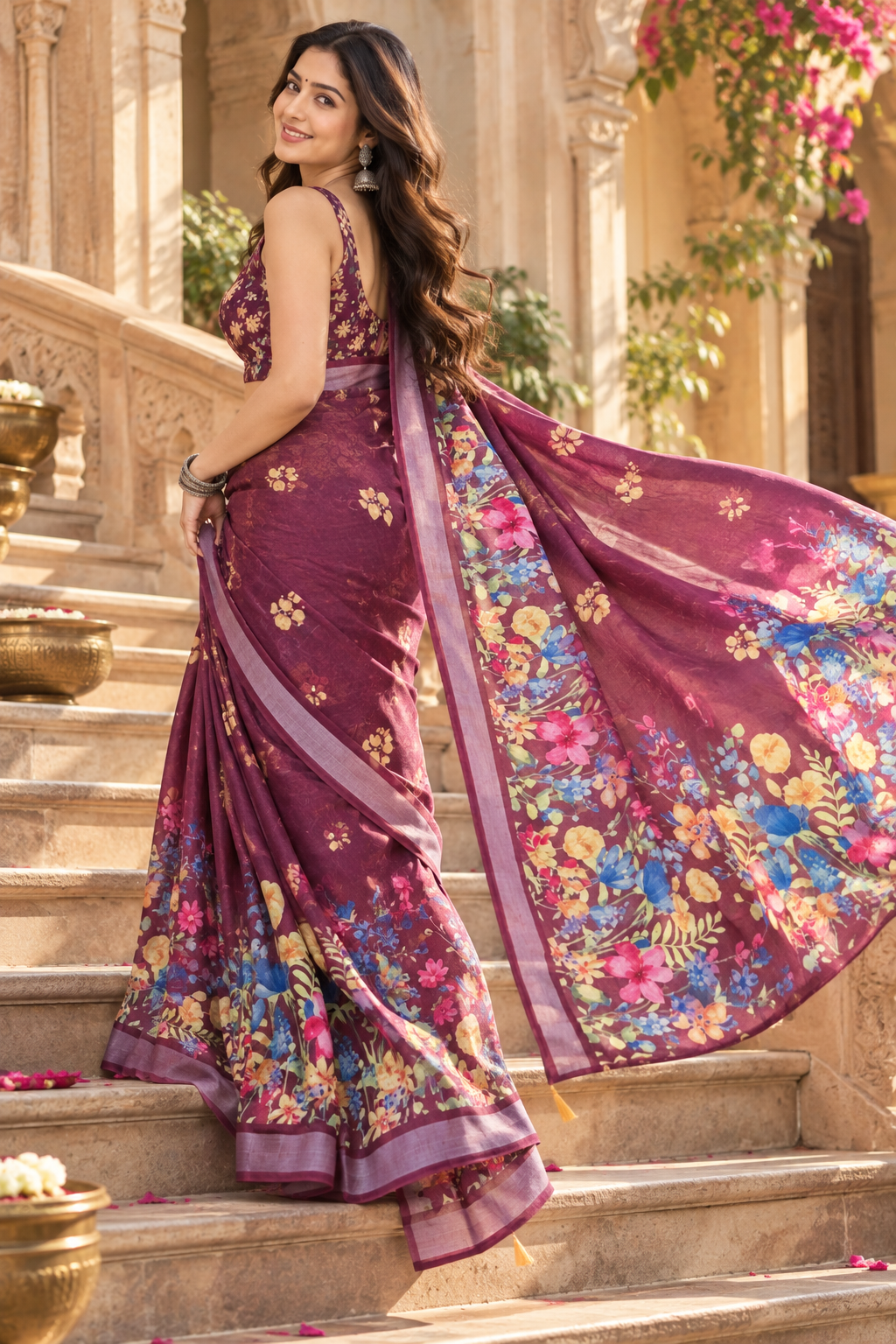 Linen Silver Zari Border Fumka Latakan Saree With Zari Border Unstitched Blouse (Brown)