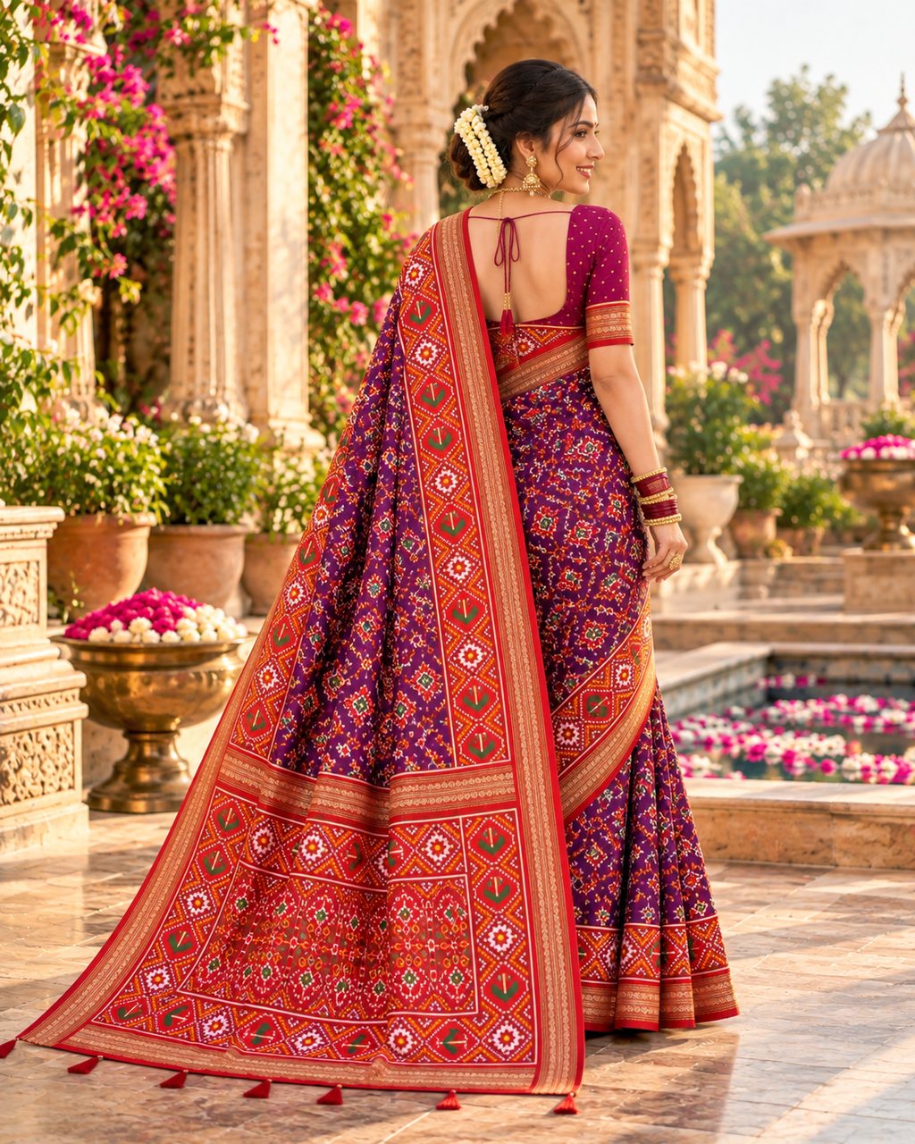 Premium Silk Patola Lagadi Patta Zari Border Tassels Saree (Dark Wine)