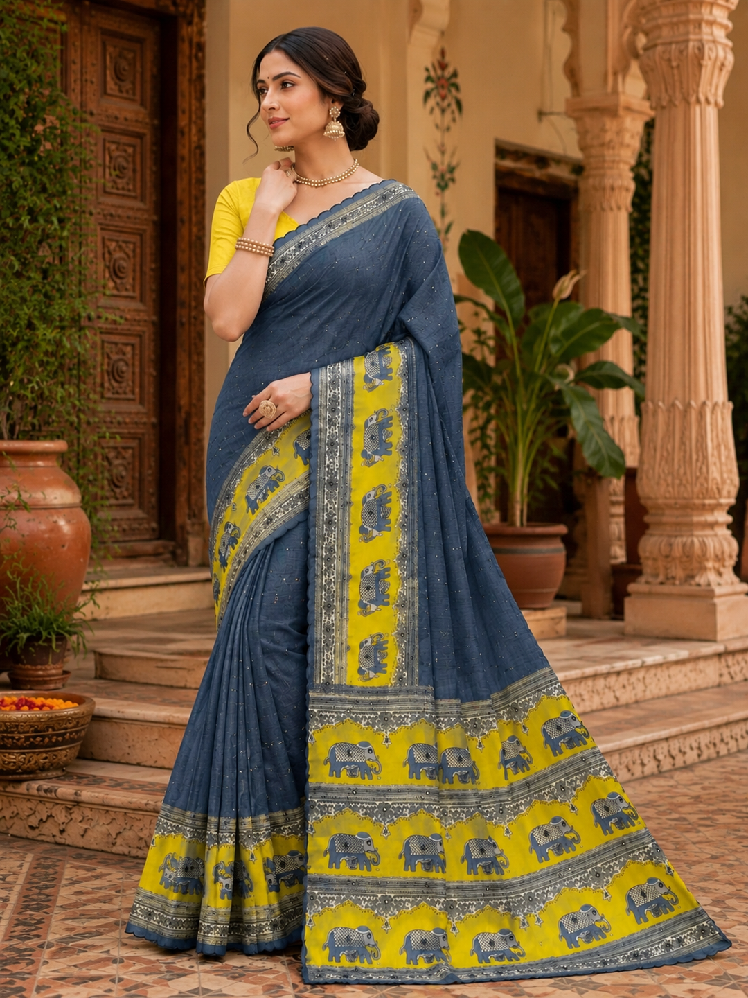 Linen Printed Saree With Unstitched Blouse(Blue)