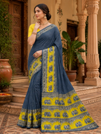 Linen Printed Saree With Unstitched Blouse(Blue)