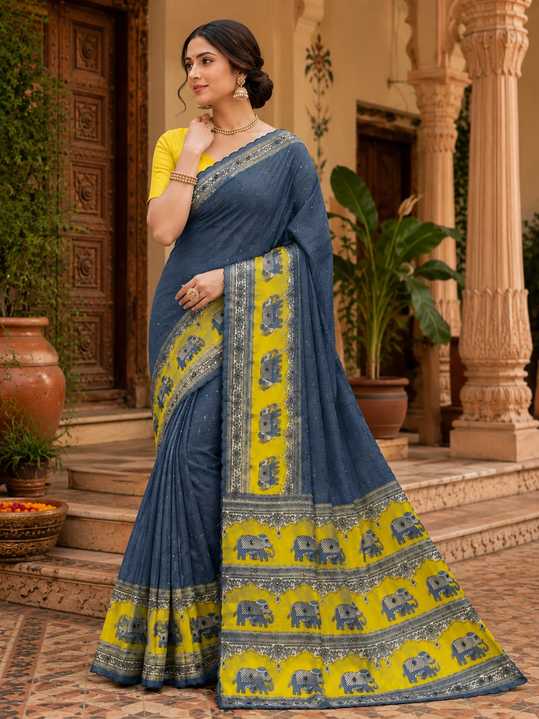 Linen Printed Saree With Unstitched Blouse(Blue)