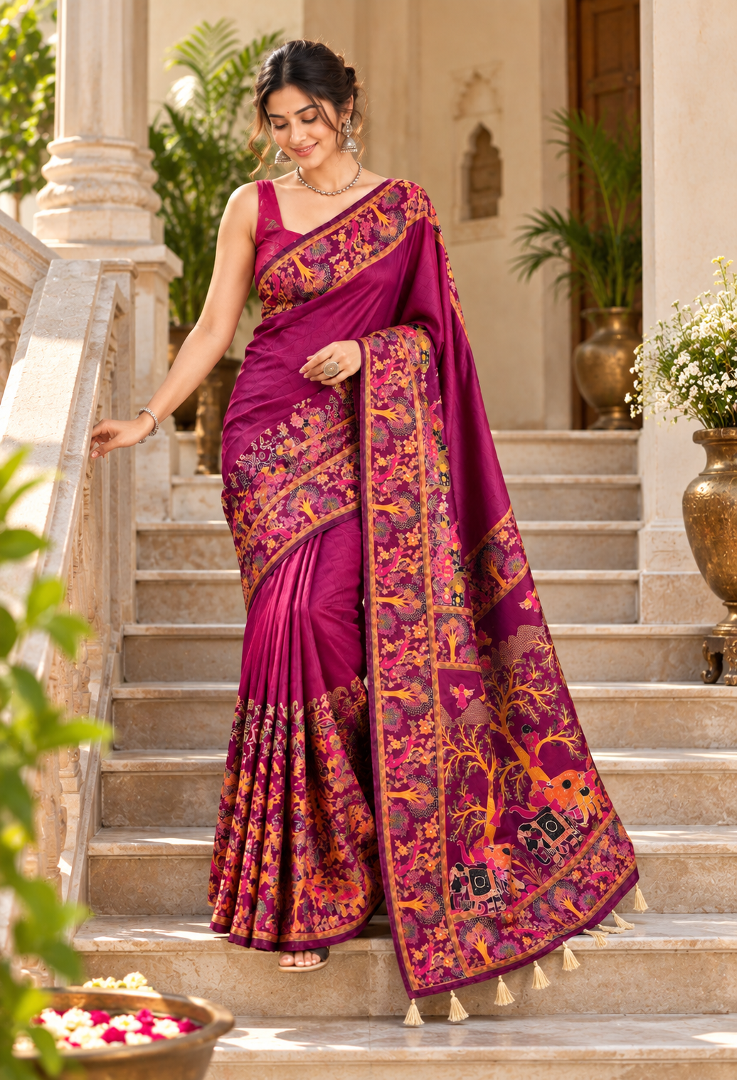 Premium Pashmina Kashmiri  Meenakari Weaves Tassels Saree (Wine )
