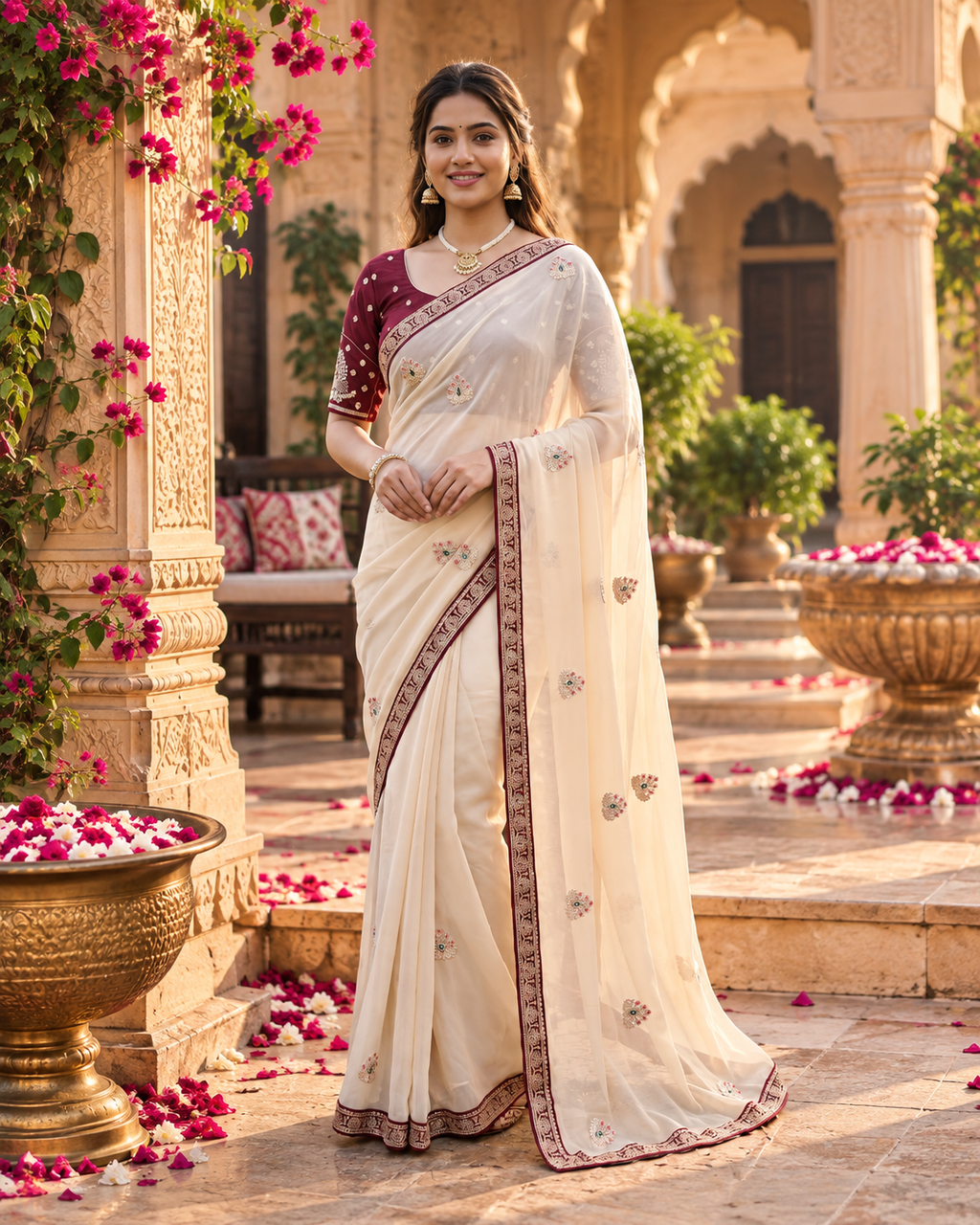 Rangoli Silk Embroidery Work Saree With Unstitched Blouse(White)