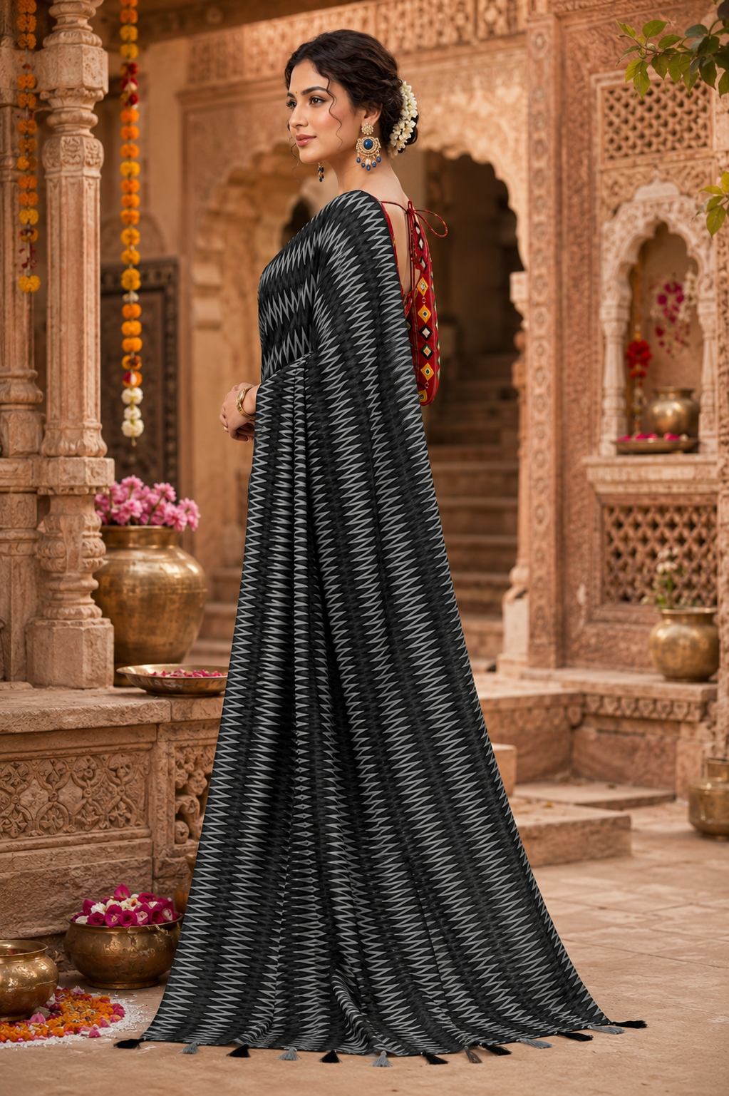 Crepe Silk Printed Sarees With Unstitched Blouse(Black)
