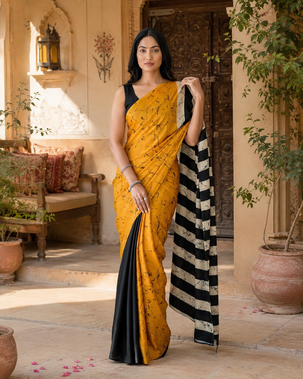 Satin Silk Printed Saree With Unstitched Blouse(Yellow)